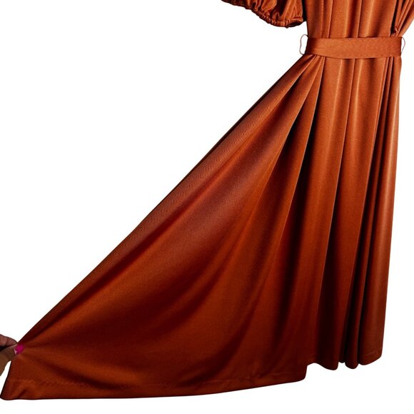 VTG 1970s Sz XL Copper Puff Sleeve Flowy Blouson Dress Peter Pan Collar & Belt - Picture 5 of 9